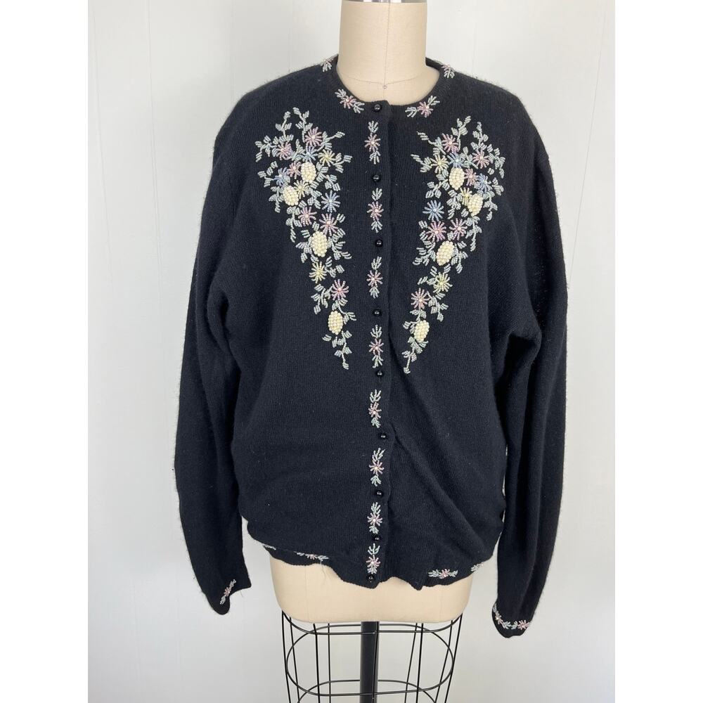 Vintage Lambs Wool Angora Floral Beaded Cardigan Sweater XL‎ Black Cottagecore